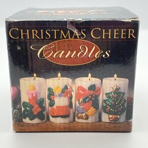 NEW Christmas Cheer Candles 4" Decorative Holiday-Themed‎ Pillar Set Of 4 NIB